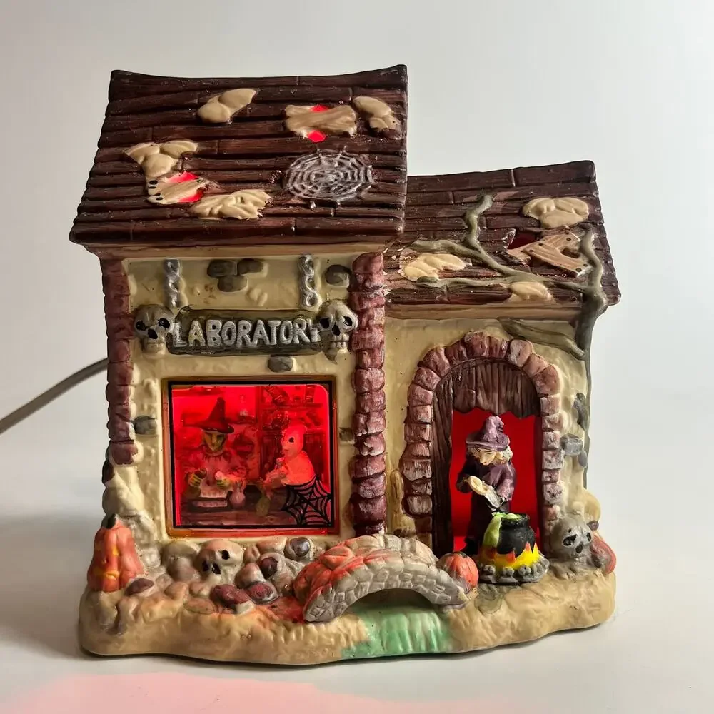 Halloween Village Lighted Laboratory Witches Brew Mummy Haunted House Ceramic
